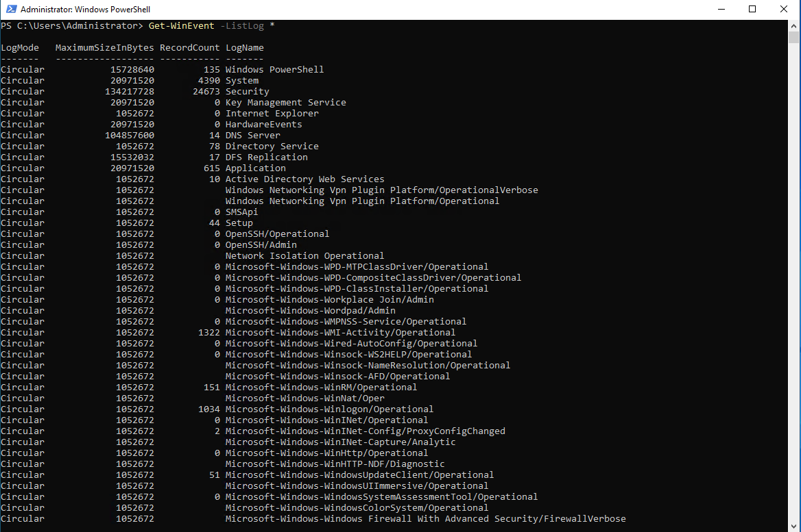Get-WinEvent -ListLog * output